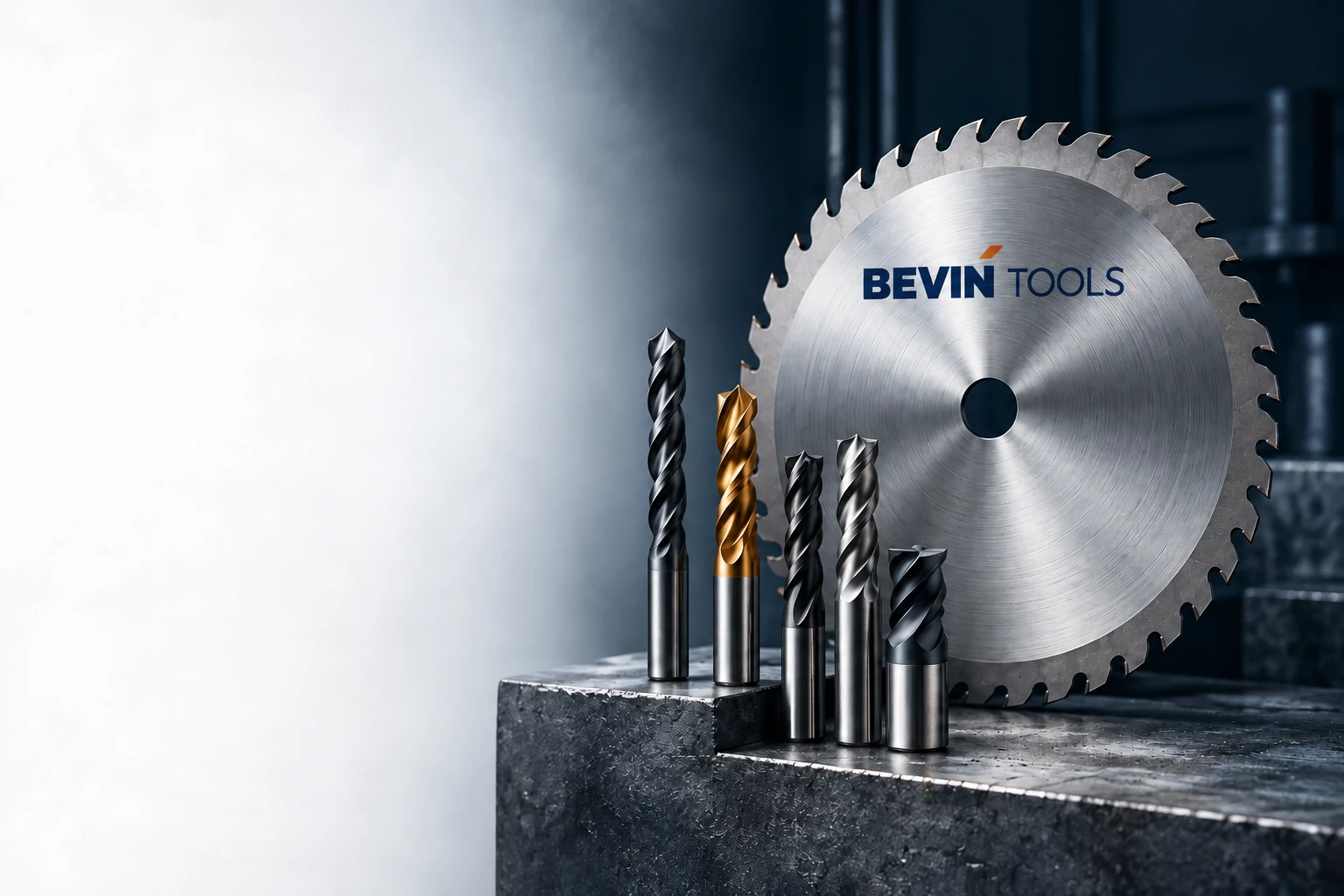 Circular saw blade and twist drill bits on an industrial workbench
